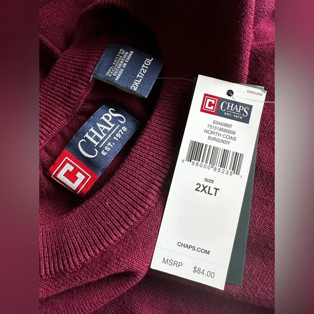 🍷 NWT Chaps Crewneck Sweater 2XLT Burgundy Cotton Knit Big & Tall